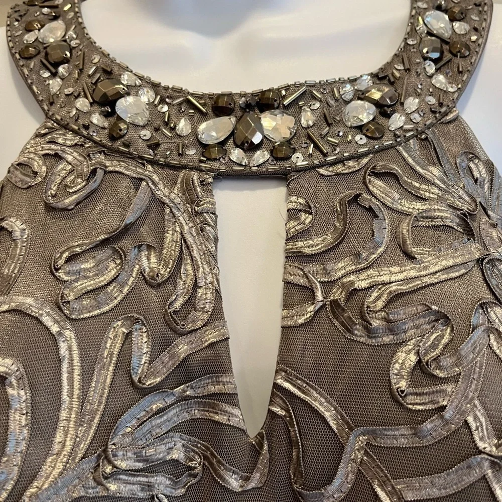 GRAY Ignite Evenings knee length dress, keyhole neck with rhinestones. Like new - Picture 3 of 5